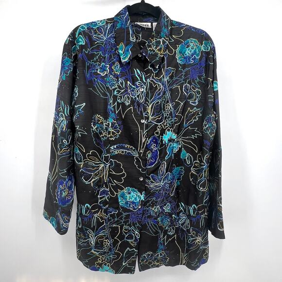 Chico's Design 100% SILK Black Embroidered Floral Button-Up Blouse Sz 2 (L/12) - Picture 2 of 7